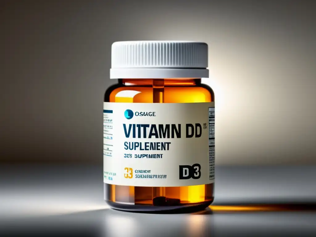Detalle de un frasco de suplemento de vitamina D3 con diseño profesional