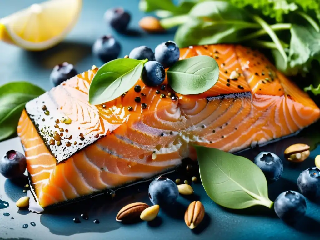 Salmon fresco y vibrante con omega-3 y vegetales Detalle de salmón fresco rodeado de vegetales, arándanos y nueces, resaltando beneficios omega 3 para el sistema inmunológico