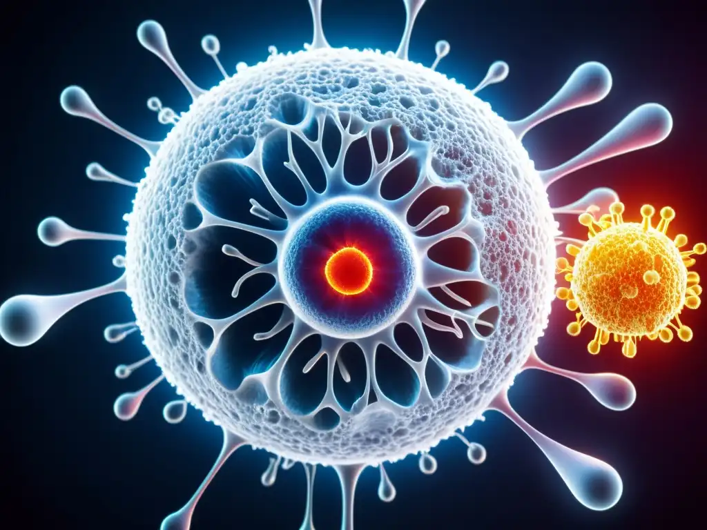 Increíble proceso inmune: célula blanca destruyendo virus Detalle de un glóbulo blanco destruyendo un virus, ilustrando el funcionamiento de vacunas en el sistema inmunológico