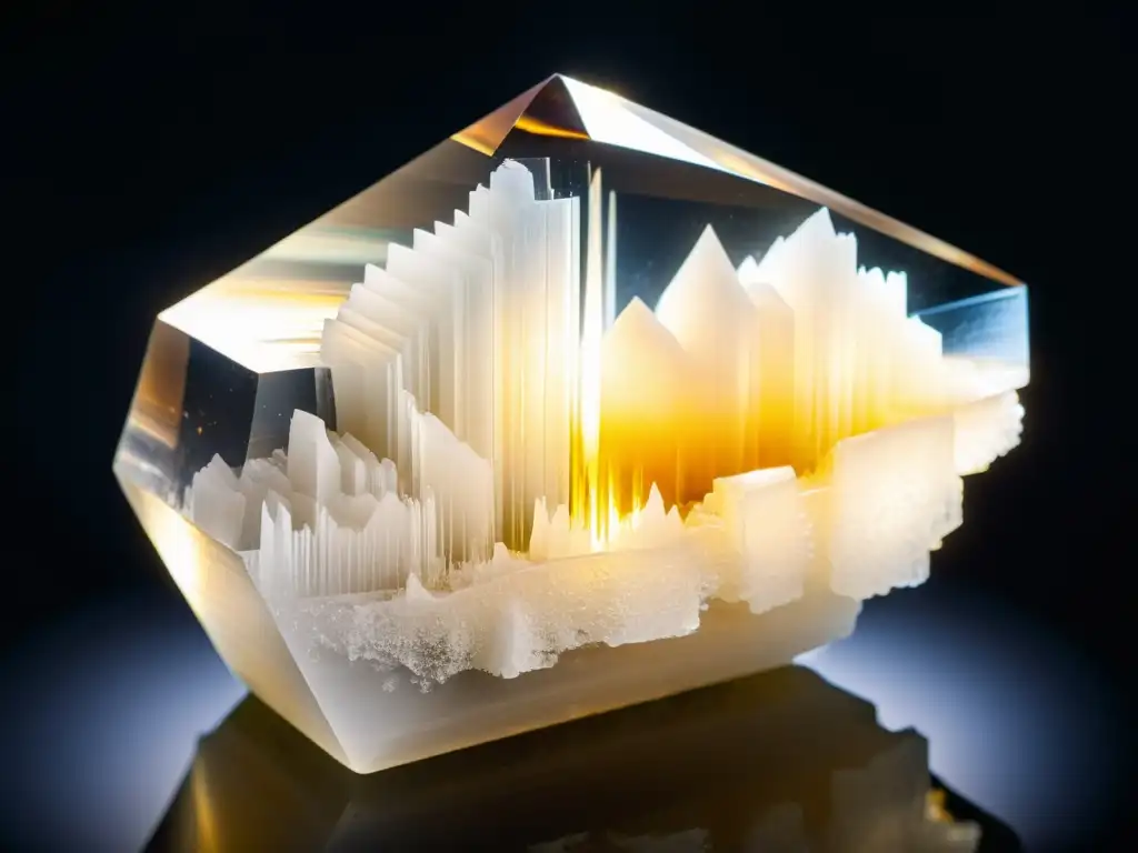Detalle hipnótico de un cristal de selenita, resaltando su estructura geométrica y formaciones prismáticas