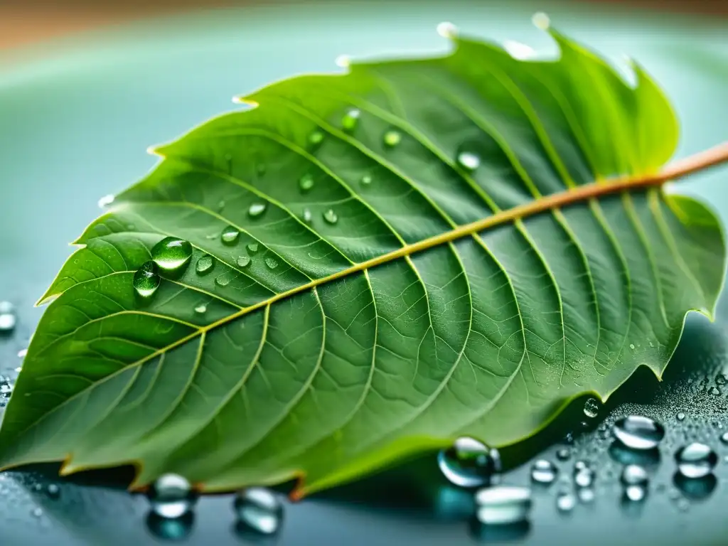 Detalle impresionante de hoja de neem con gotas de agua Detalle de una hoja de neem con gotas de agua, resaltando su textura y venas