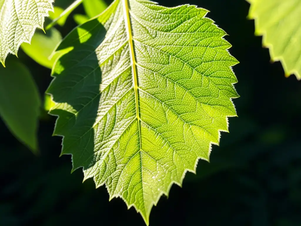 Hoja de ortiga verde brillante: detalles y sombras Detalle de una hoja de ortiga verde vibrante, con pelos brillantes, venas y luz solar filtrándose entre las hojas