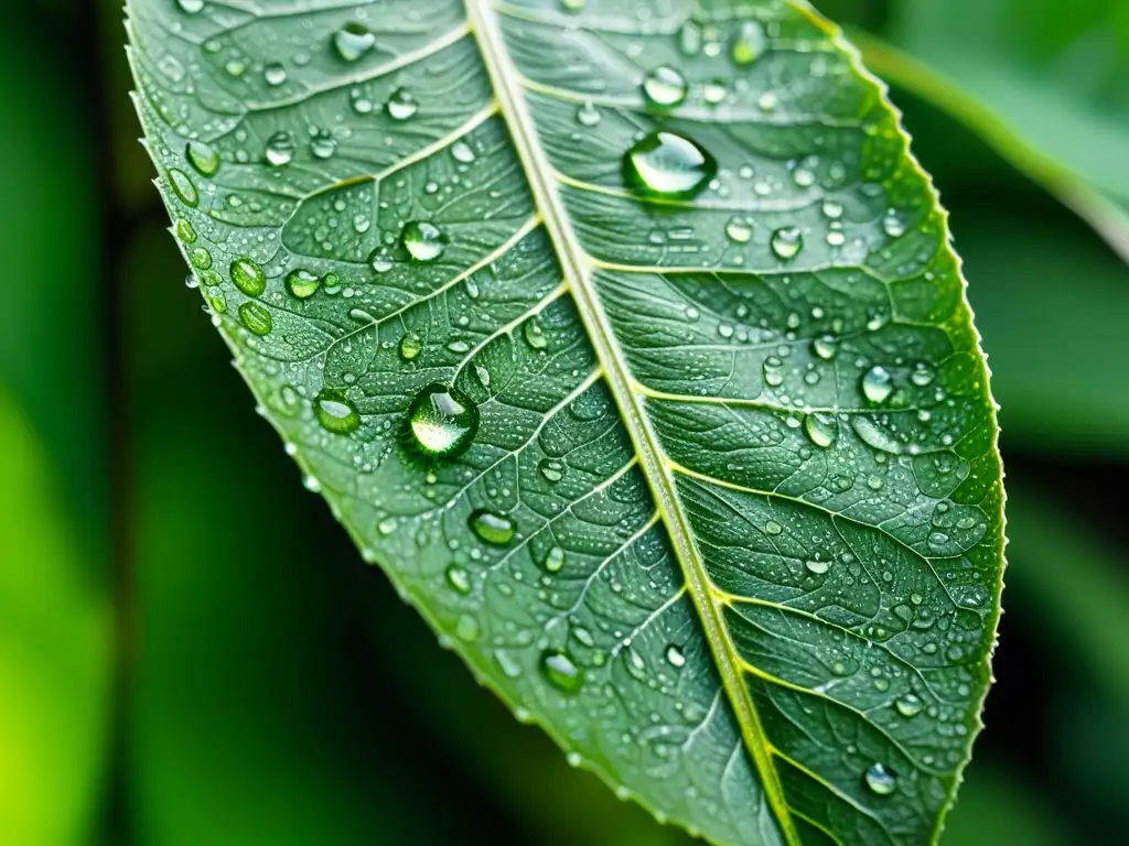 Hoja verde brillante con gotas de agua: belleza natural y frescura Detalle de una hoja verde con gotas de agua brillantes, resaltando la importancia de la hidratación para la salud y el sistema inmunológico