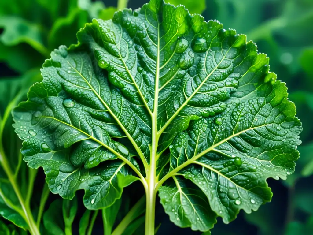 Verdura fresca en 8k: Detalle de hoja verde con gotas de agua Detalle de hoja de vegetal verde con gotas de agua