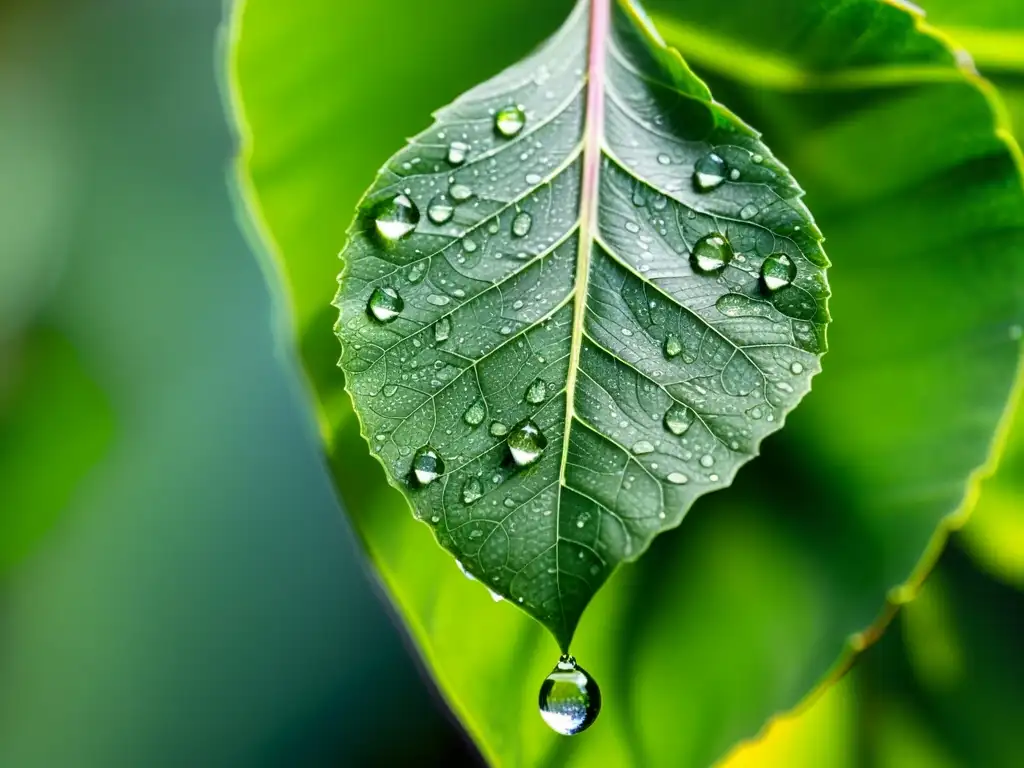 Detalle de hoja verde con gotas de agua, iluminada por el sol