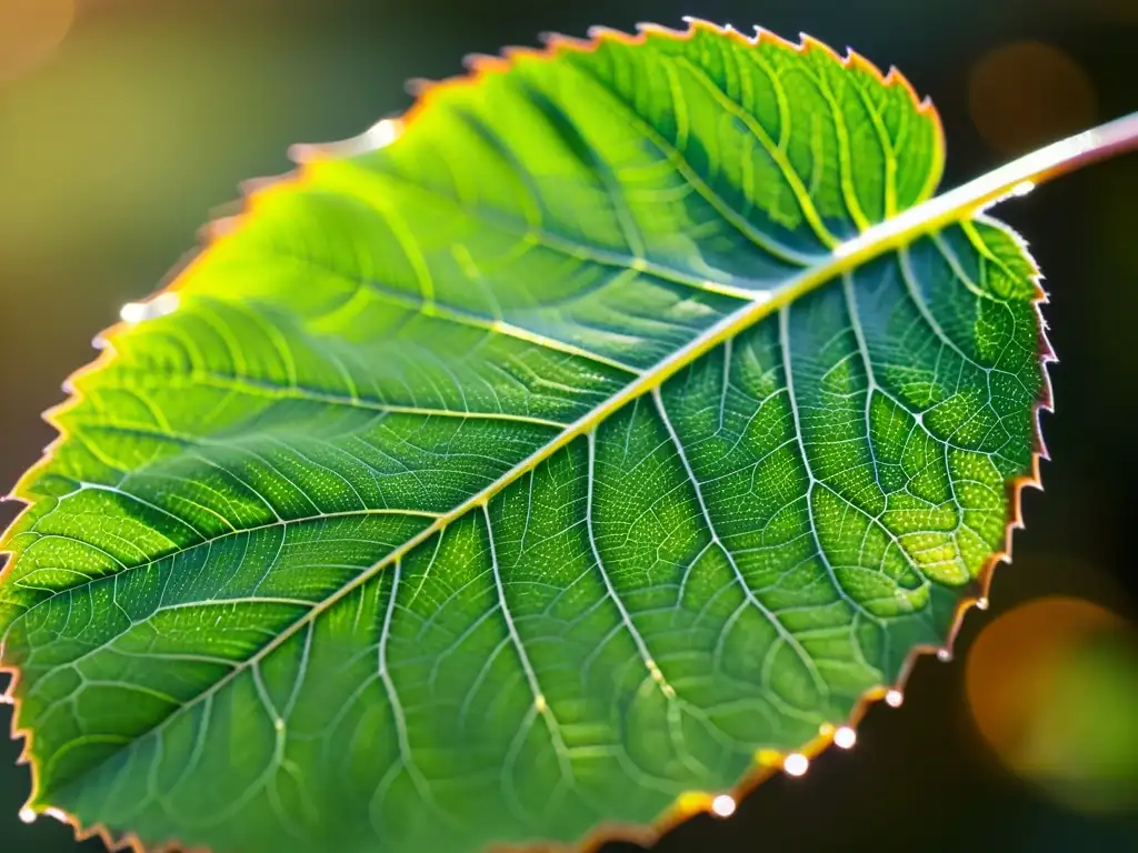 Detalle asombroso: hoja verde con delicadas venas y gotas de rocío Detalle de una hoja verde vibrante iluminada por la suave luz dorada del sol, creando una atmósfera cálida y relajante