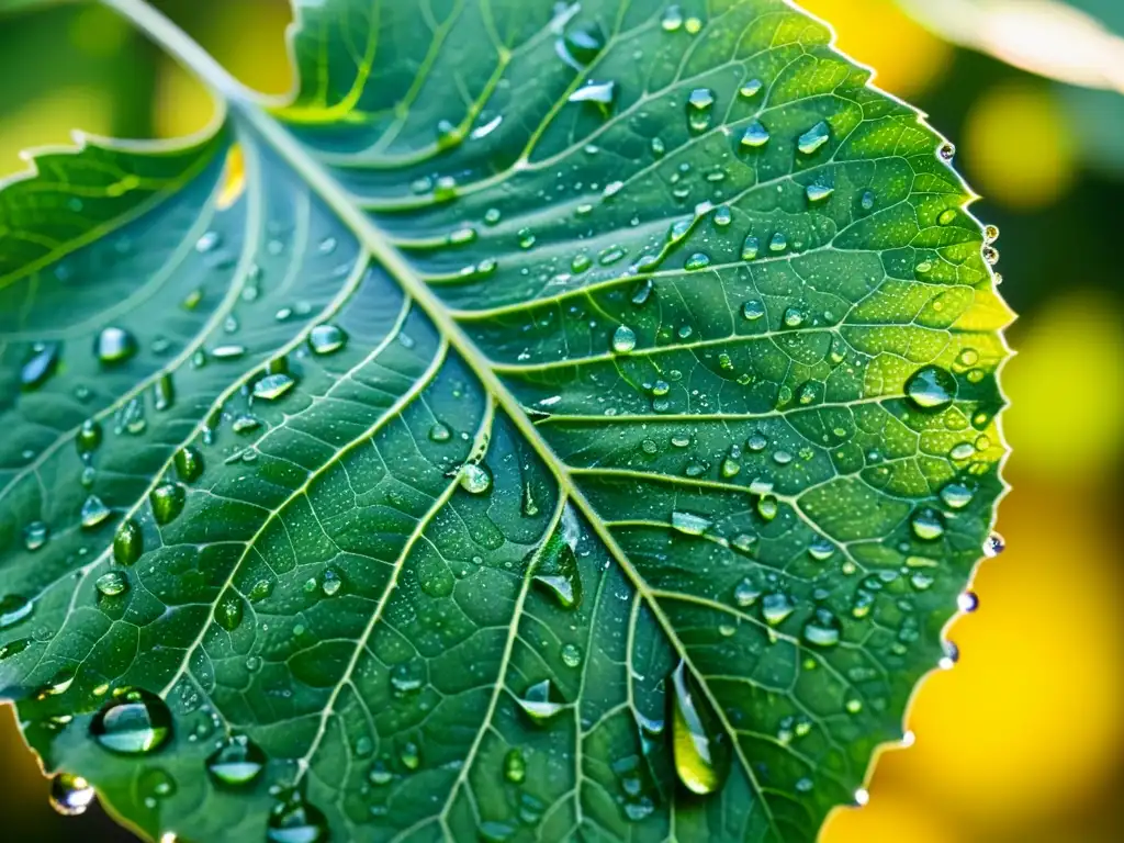 Detalle de una hoja verde vibrante cubierta de gotas de agua, con luz solar creando patrones de luz