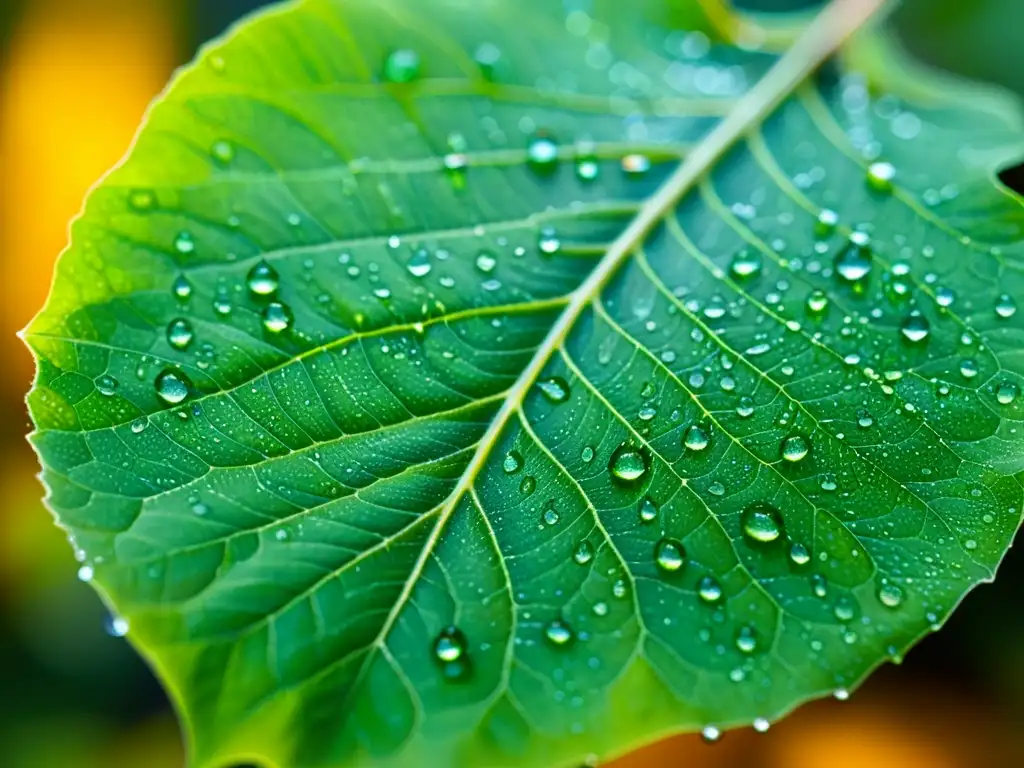 Detalle increíble de hoja verde con gotas de agua Detalle de una hoja verde vibrante con gotas de agua, transmitiendo frescura y vitalidad
