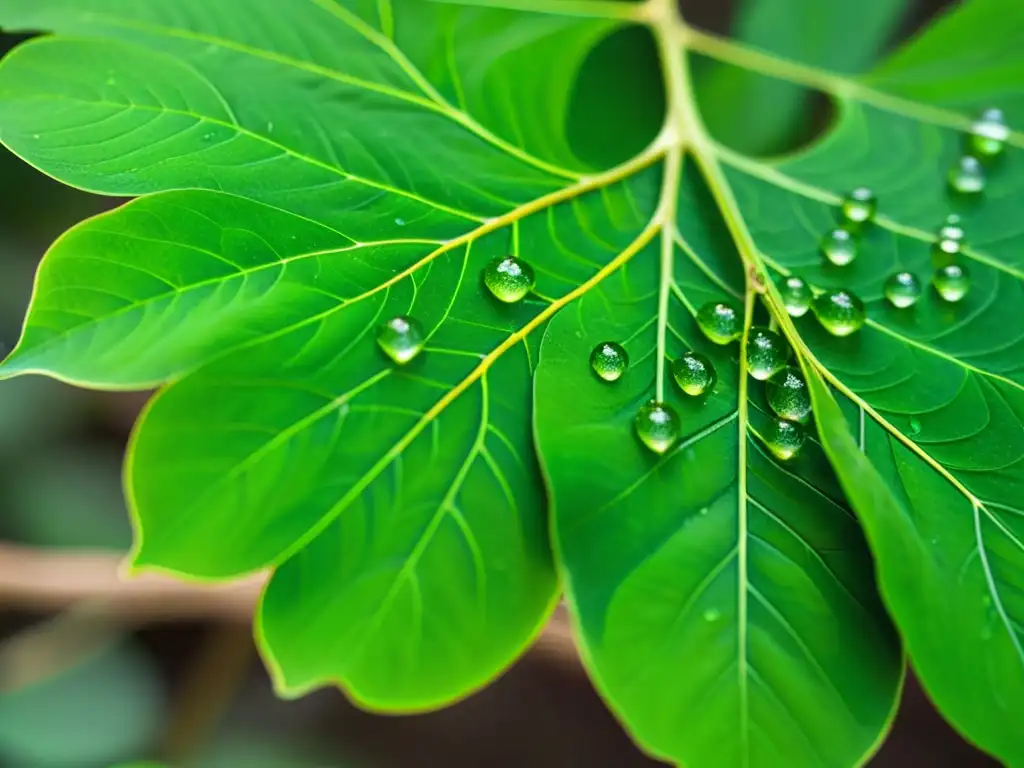 Hojas frescas de moringa: belleza natural y vitalidad Detalle de hojas frescas de moringa con gotas de agua, mostrando su belleza natural