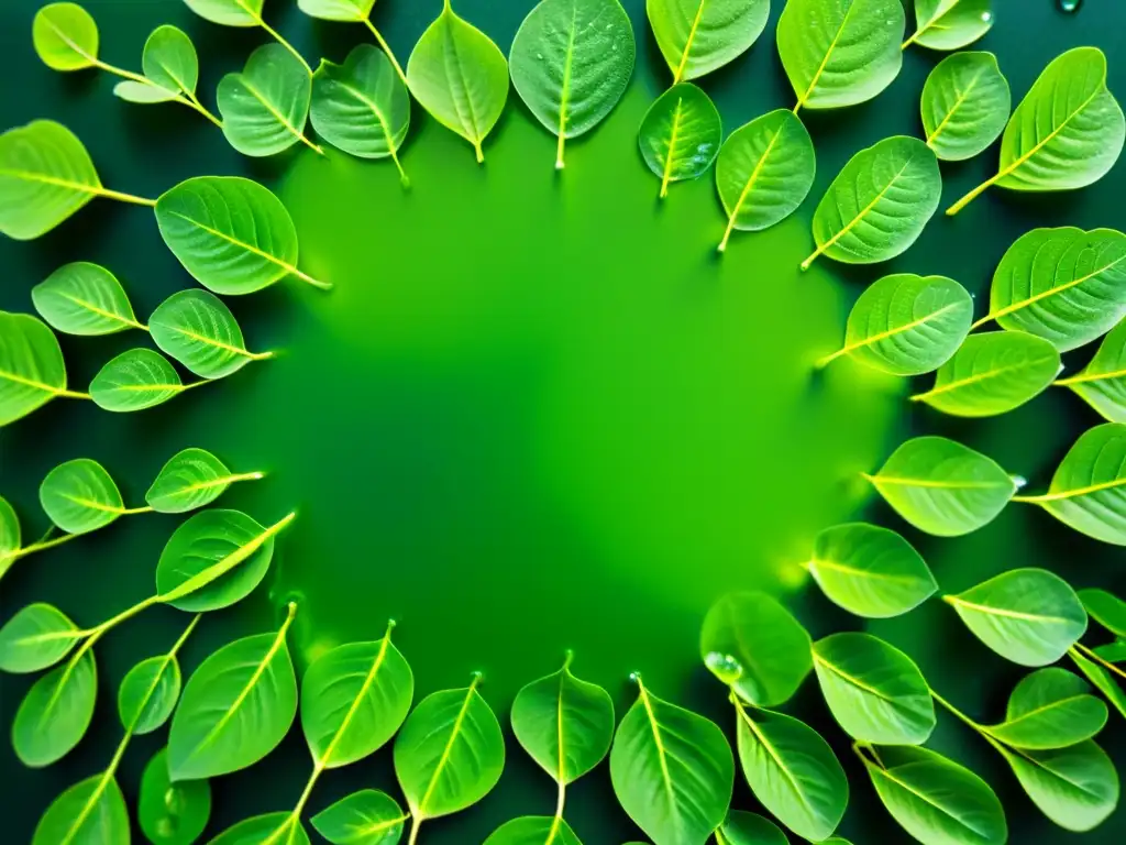 Moringa: Naturaleza Vibrante en Detalle Detalle de hojas frescas de moringa, con patrón circular y tonos verdes vibrantes