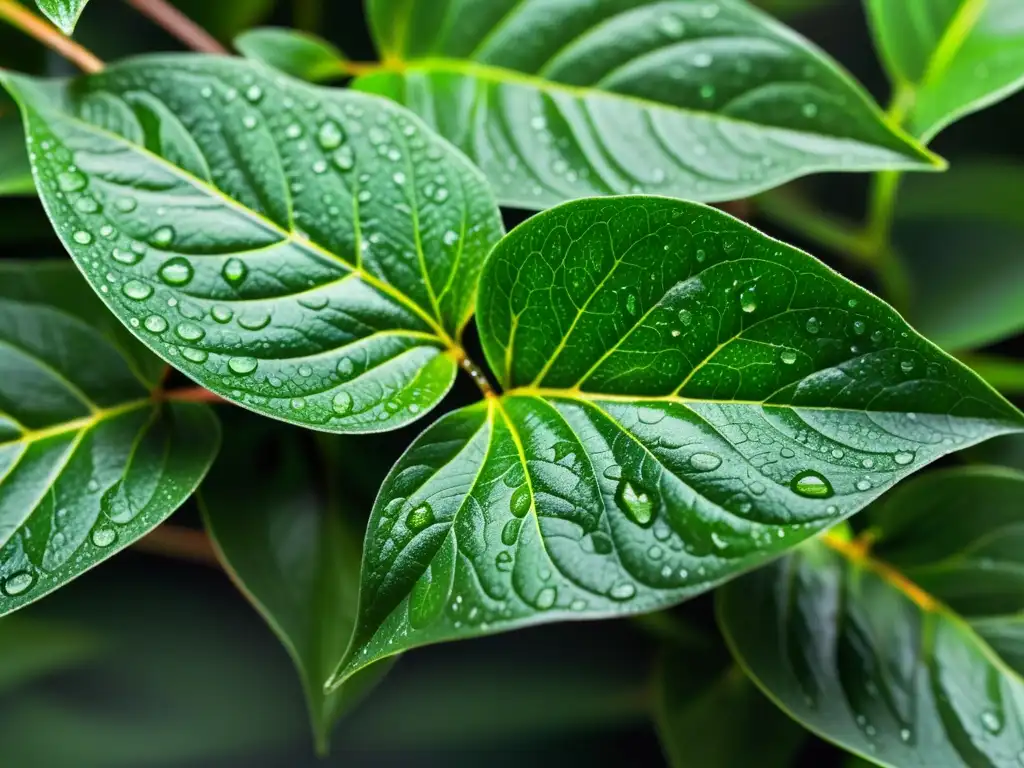 Detalle de hojas de andrografis verde vibrante, con gotas de rocío brillando en la luz matutina