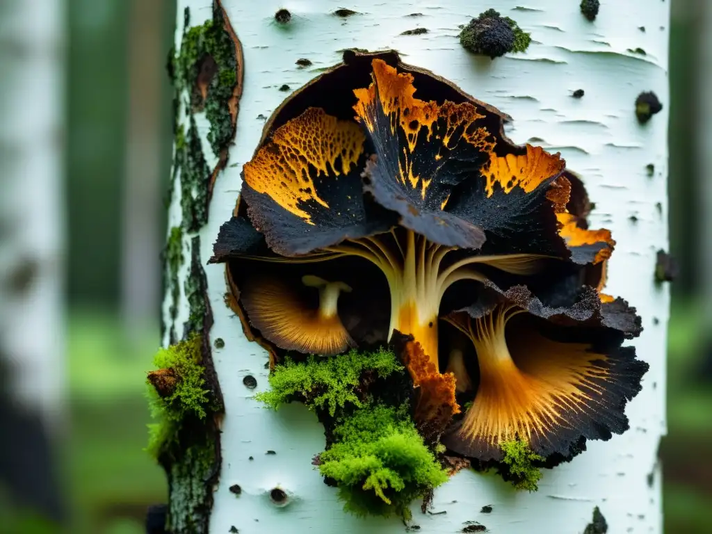 Micelio de Chaga en abedul: texturas naturales Detalle de hongos Chaga en un abedul, realzando su belleza natural