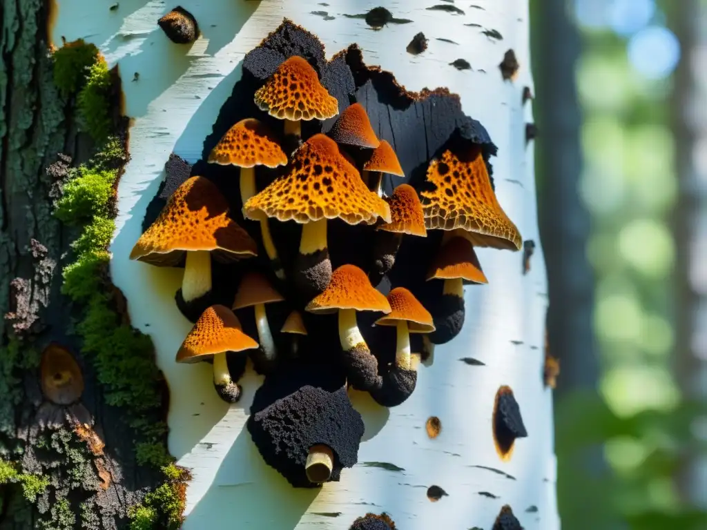 Clúster de Chaga: Texturas místicas en el bosque Detalle de hongos Chaga en abedul, resaltando su textura única