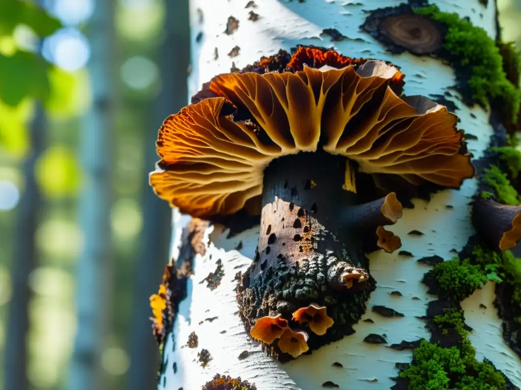 Hongos Chaga en el bosque: belleza natural Detalle de hongos Chaga en árbol de abedul, resaltando su belleza natural y beneficios para el sistema inmunológico