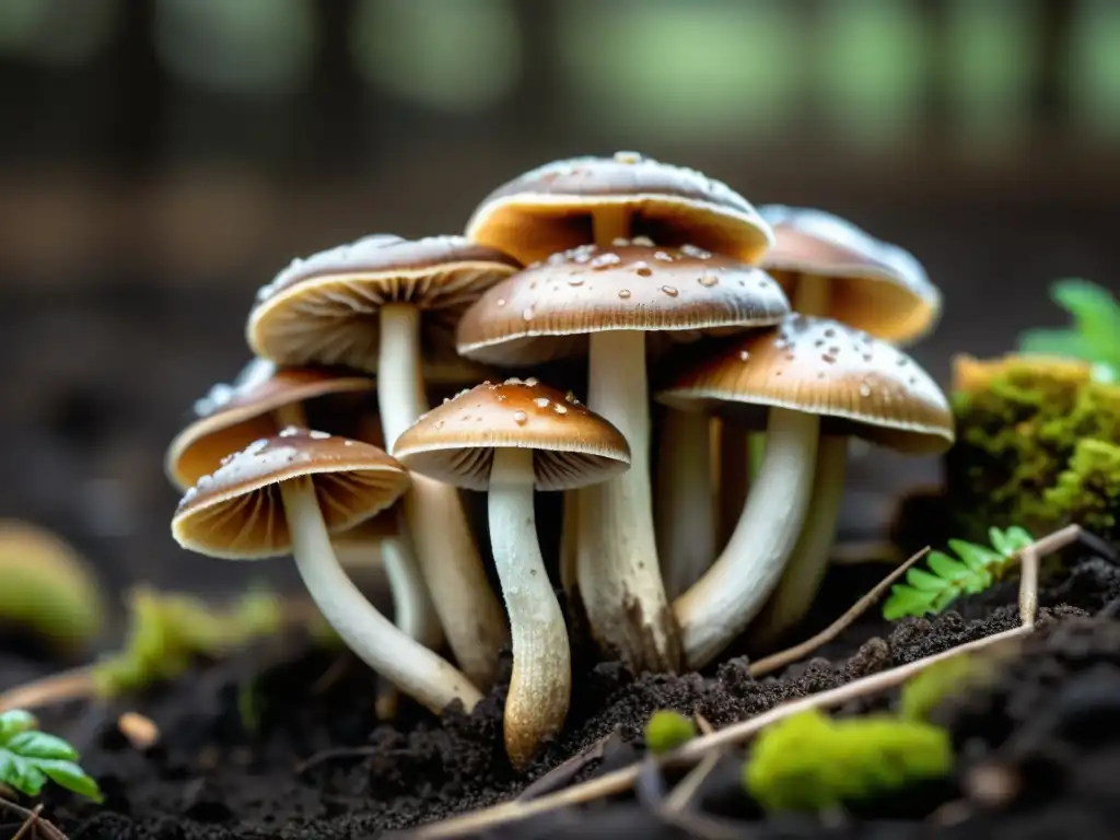 Detalle de hongos shiitake maduros creciendo en suelo húmedo, con gills y sombras suaves, hongos inmunoestimulantes sistema inmunológico