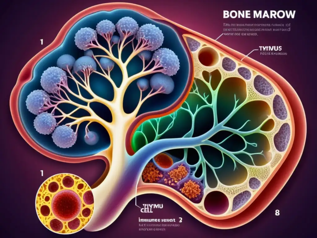 Detalle del sistema inmunológico: médula ósea y timo Detalle ilustrado de la función médula ósea y timo en el sistema inmunológico, resaltando su importancia con colores vibrantes y detalles intrincados