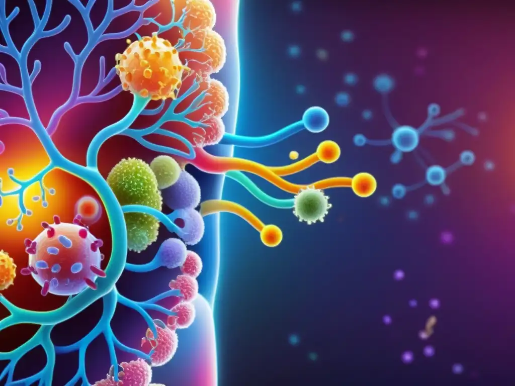 Microbiota intestinal y acupuntura: una conexión colorida y compleja Detalle ilustrado de la microbiota intestinal y su interacción con el sistema inmunológico, destacando los puntos de acupuntura