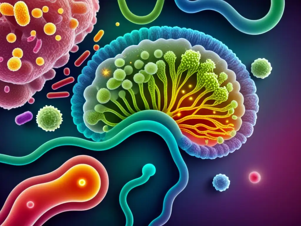 Detalle ilustrado de la microbiota intestinal y su papel en la respuesta inmune a vacunas, mostrando la diversidad microbiana