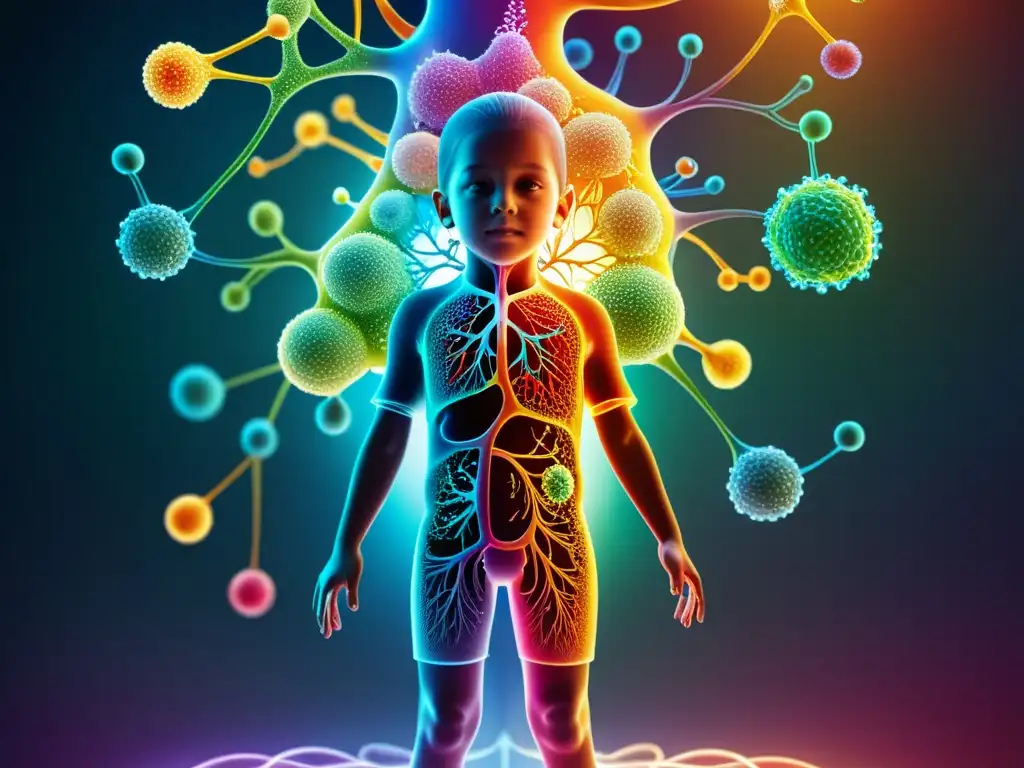 Detalle ilustrado del sistema inmune infantil, con intrincadas vías y células en una red colorida