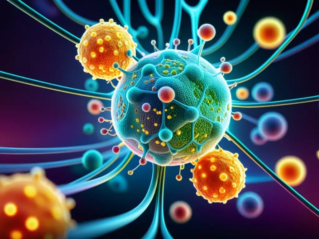 Complejo sistema inmunológico en acción Detalle ilustrado del sistema inmunológico humano, con anticuerpos, células T y estructuras futuristas, representando 'Immunity to Change'