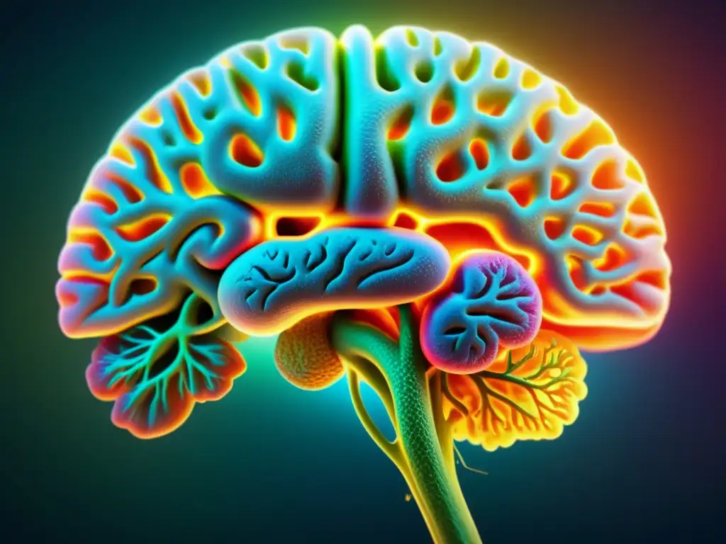 Detalle impactante del cerebro humano, resaltando intrincadas redes neuronales en vibrantes colores
