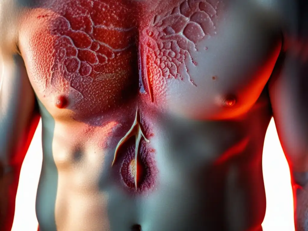 Detalle impactante de piel psoriásica inflamada y escamosa