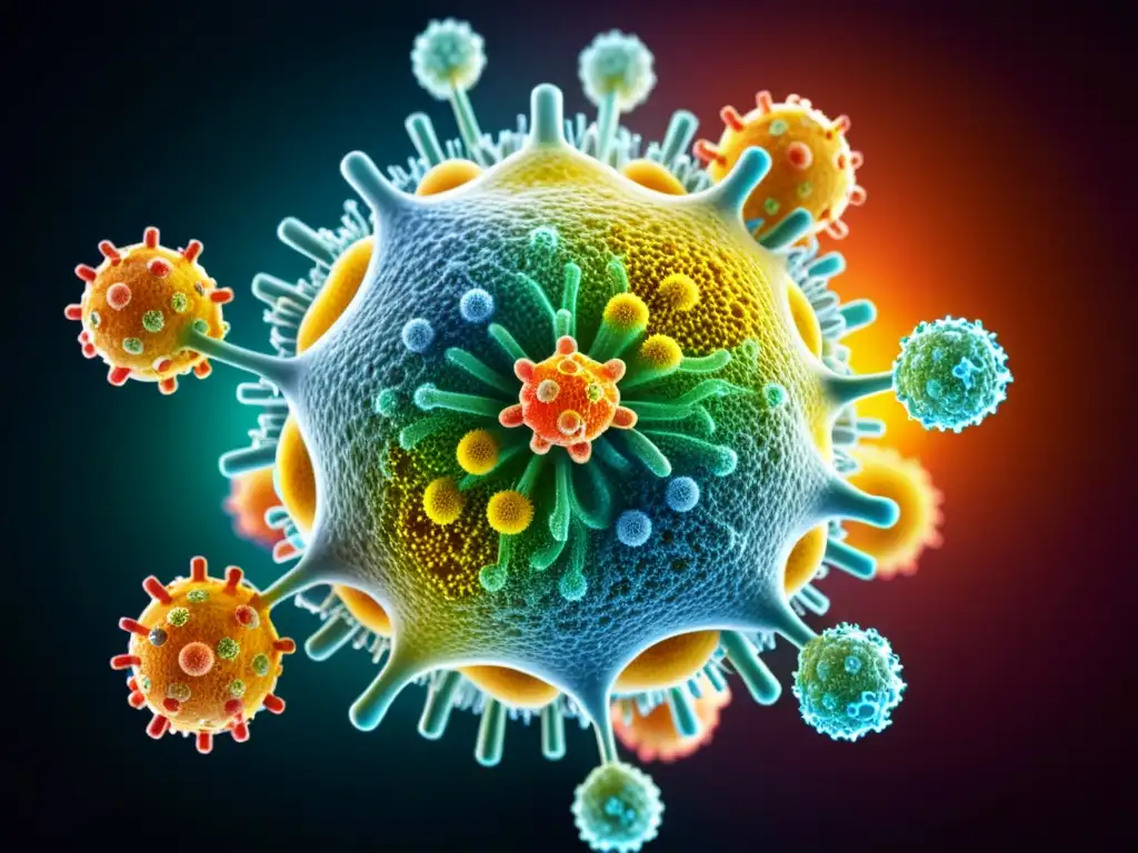 Interacción de anticuerpos y patógenos: estructura molecular vibrante Detalle impresionante de un anticuerpo unido a un virus, resaltando la función de los anticuerpos en inmunidad