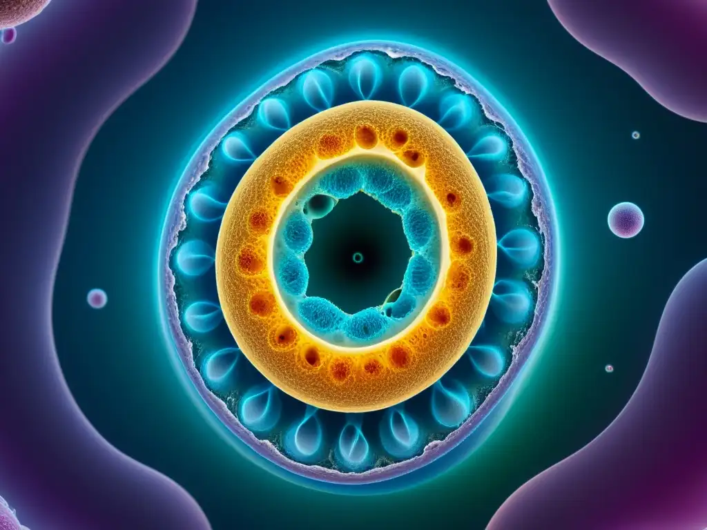 Microcosmos: Detalles Asombrosos de la Fertilización Humana Detalle impresionante de una célula de óvulo rodeada por espermatozoides, destacando la interacción celular