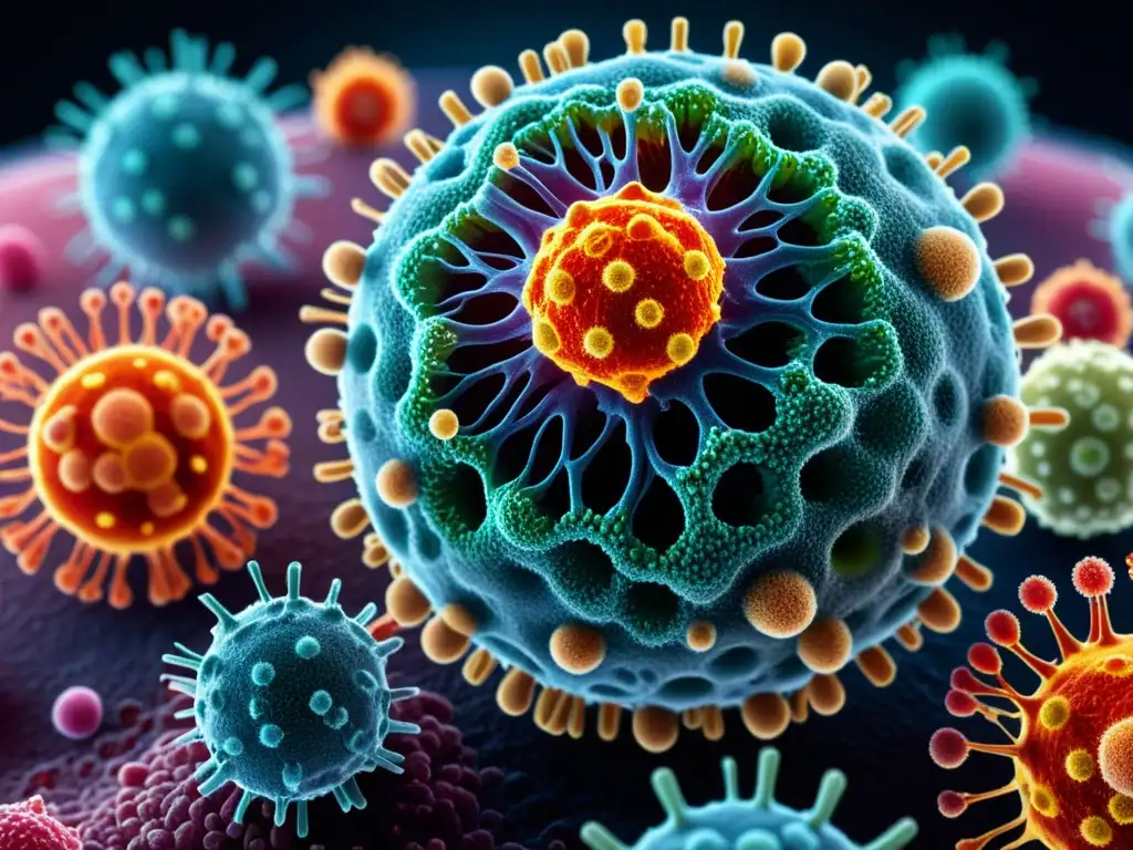 Ataque viral: Inmunidad celular en acción Detalle impresionante de células inmunes combatiendo un virus, resaltando la preparación y respuesta inmunológica ante epidemias