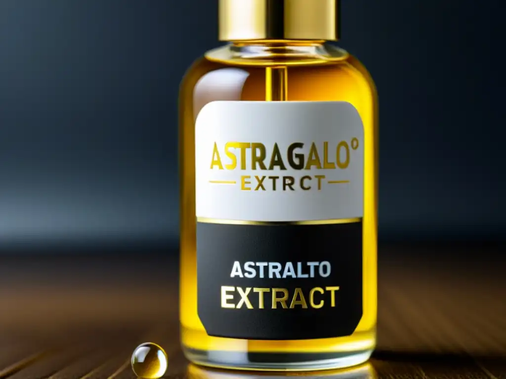 Astrágalo Extracto Puro: Detalles en gotas doradas Detalle impresionante del extracto de raíz de astrágalo en un elegante frasco de gotero, con gotas relucientes y etiqueta minimalista
