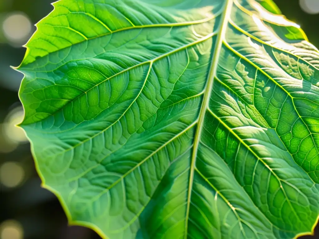 Detalle fascinante: hoja verde con venas delicadas iluminadas por el sol Detalle impresionante de una hoja verde vibrante con venas delicadas, bañada por la luz solar