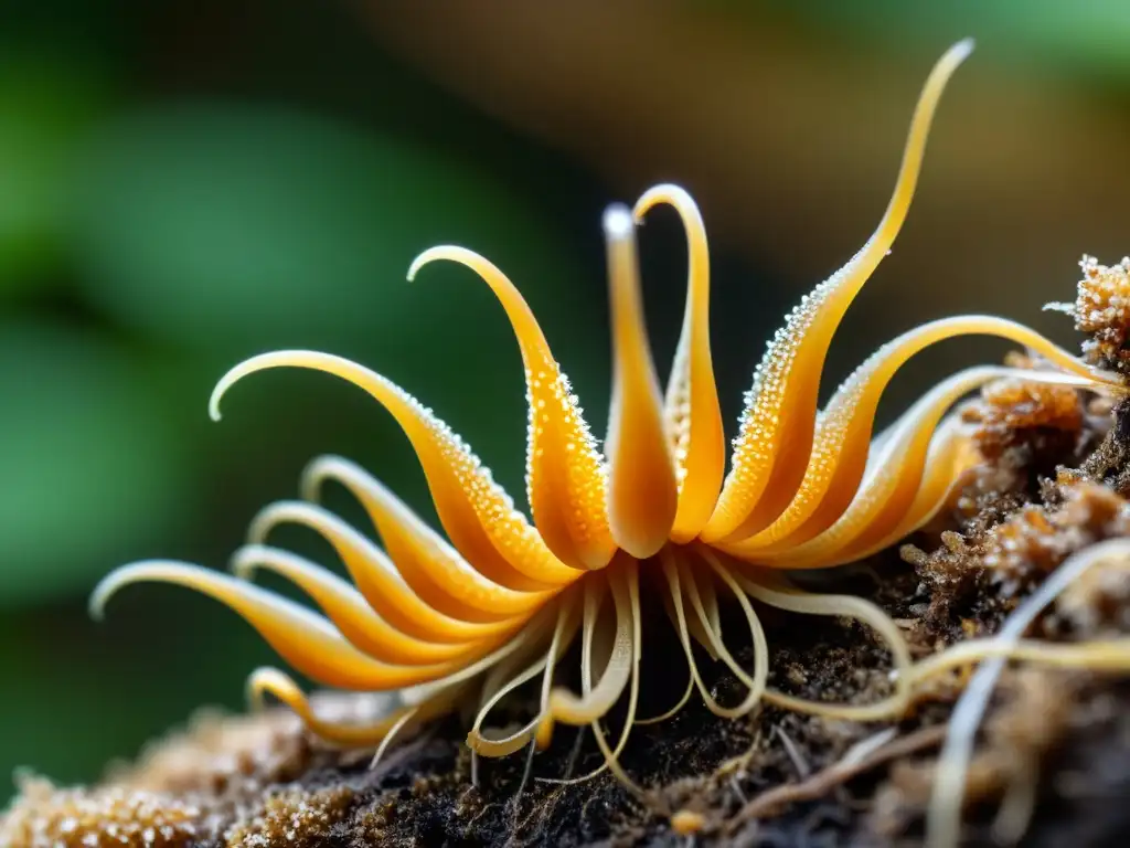Micelio de Cordyceps sinensis: detalle asombroso Detalle impresionante del hongo Cordyceps sinensis en su hábitat natural, destacando su forma y textura