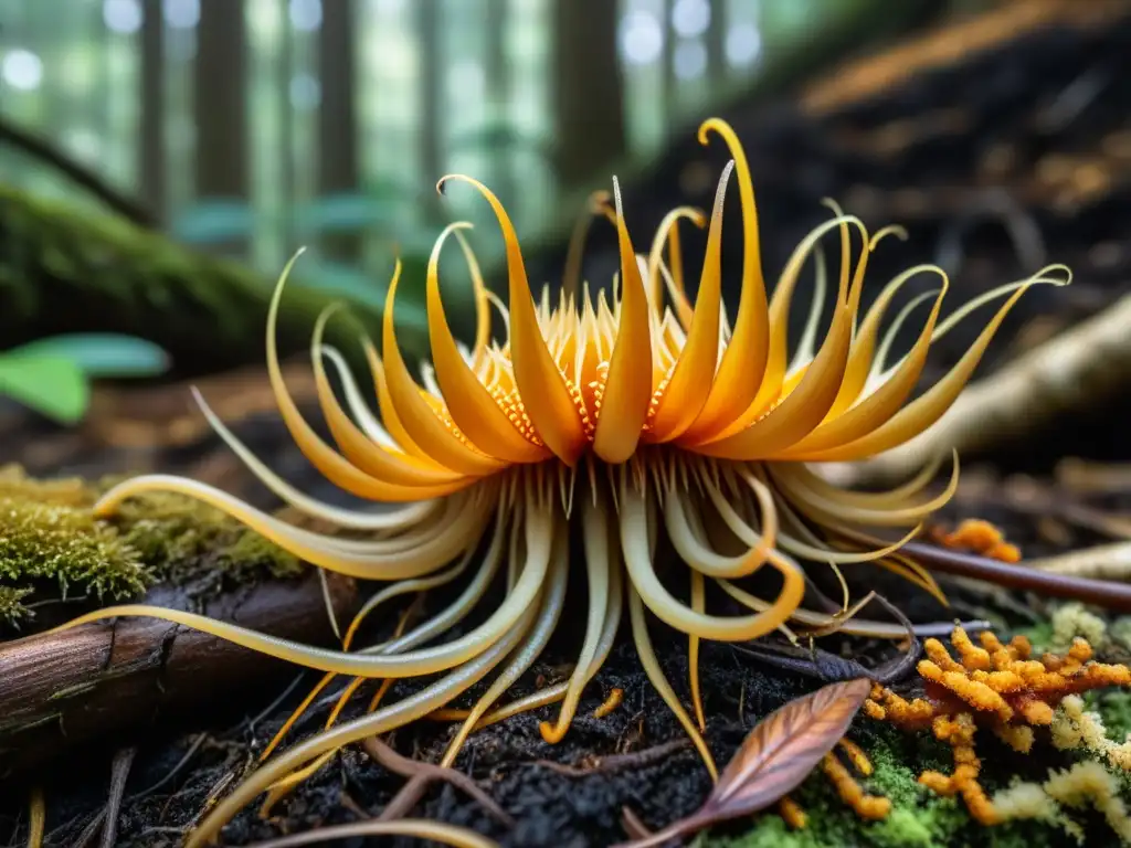 Cordyceps: Detalles vibrantes de hongos en el bosque Detalle impresionante de hongos cordyceps en el suelo del bosque
