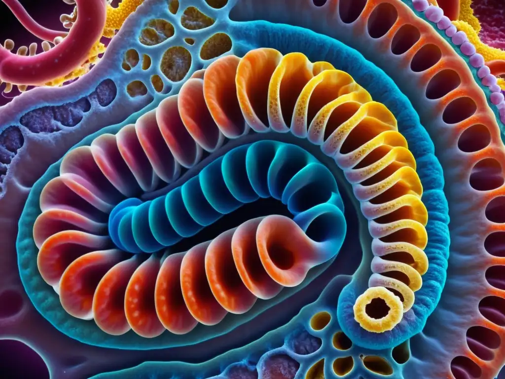 Microbiota intestinal: la compleja danza de la inmunidad Detalle impresionante del intestino humano, con microbios y sistema inmunológico en simbiosis