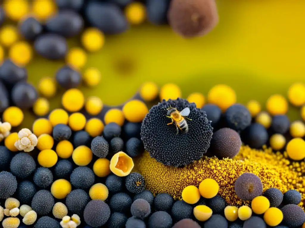 Belleza natural: Comparación detallada de polen de abeja y propóleo Detalle impresionante de polen de abeja y propóleo, resaltando texturas, colores y belleza natural