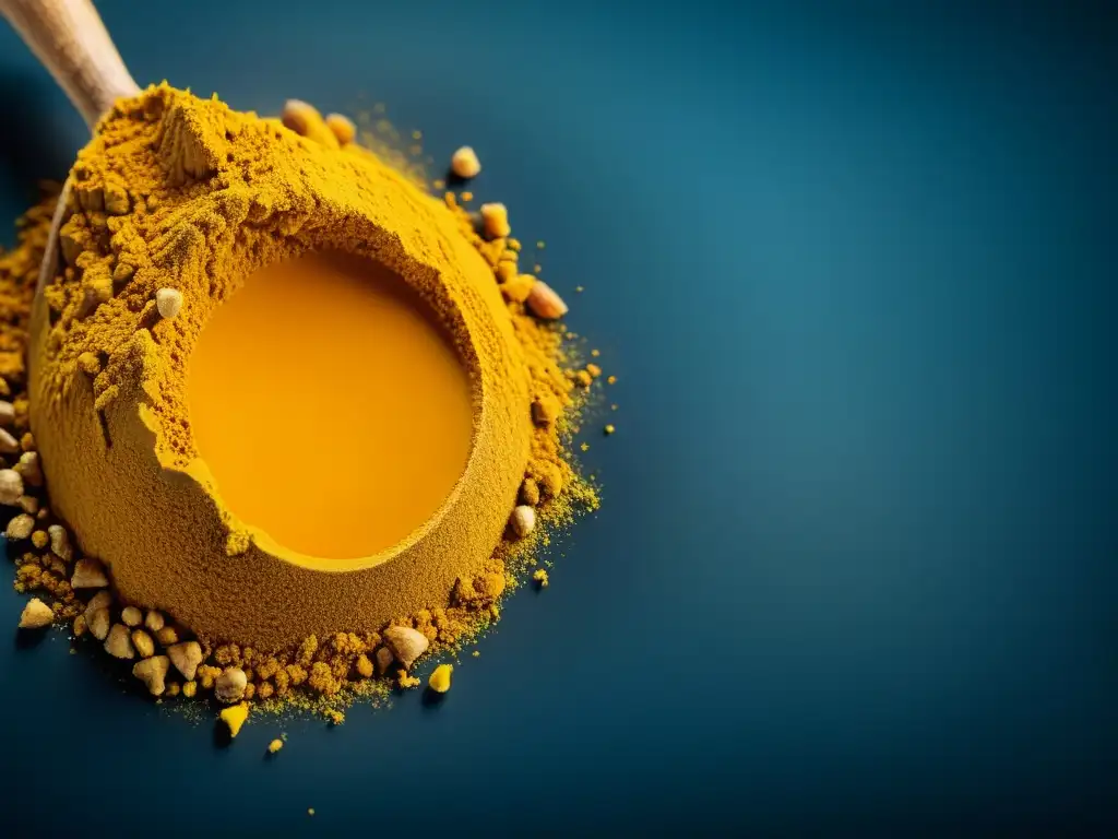 Polvo de Cúrcuma Dorada de Alta Calidad: Detalles asombrosos Detalle impresionante de raíces de cúrcuma dorada moliéndose en polvo fino, destacando la pureza y calidad de la especia
