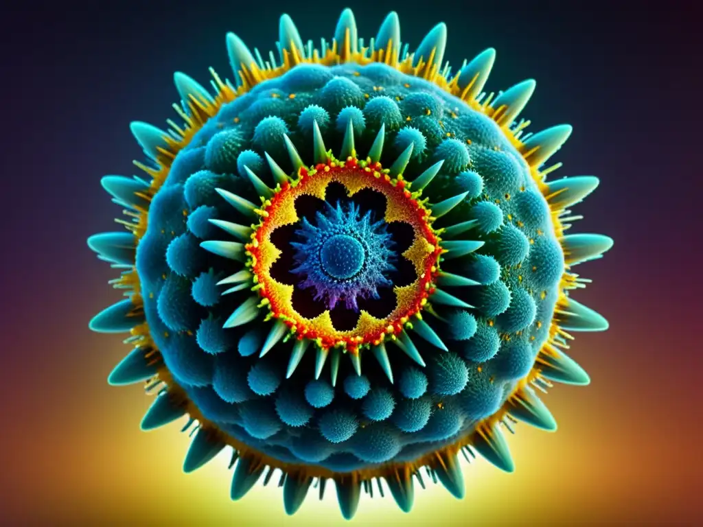 Virus: Detalles Geométricos y Coloridos Detalle impresionante de un virus, con su estructura geométrica y colores vibrantes, mostrando sus proteínas y material genético