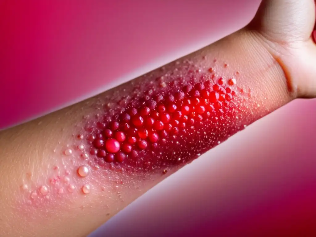 Detalle de reacción inmunológica en el antebrazo con sarpullido rojo y piel ligeramente inflamada