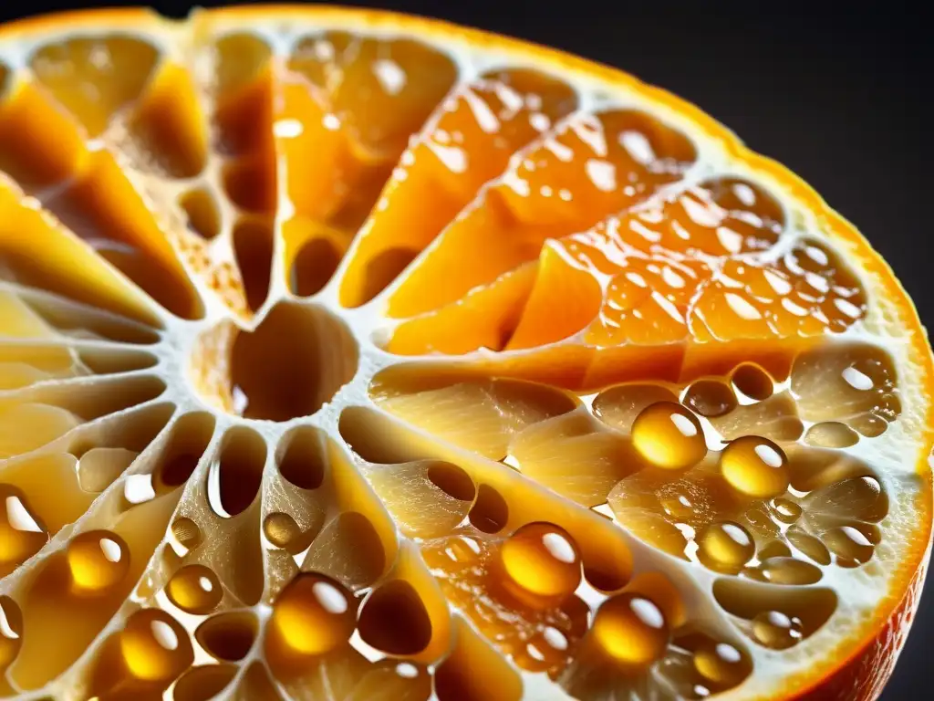 Detalle de una jugosa naranja cortada a la mitad, con gotas de jugo brillando