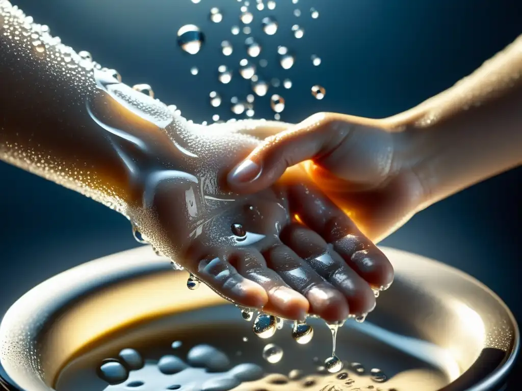 Limpieza de manos detallada: prevención de enfermedades Detalle de manos lavándose minuciosamente con jabón y agua, mostrando movimientos precisos y espuma
