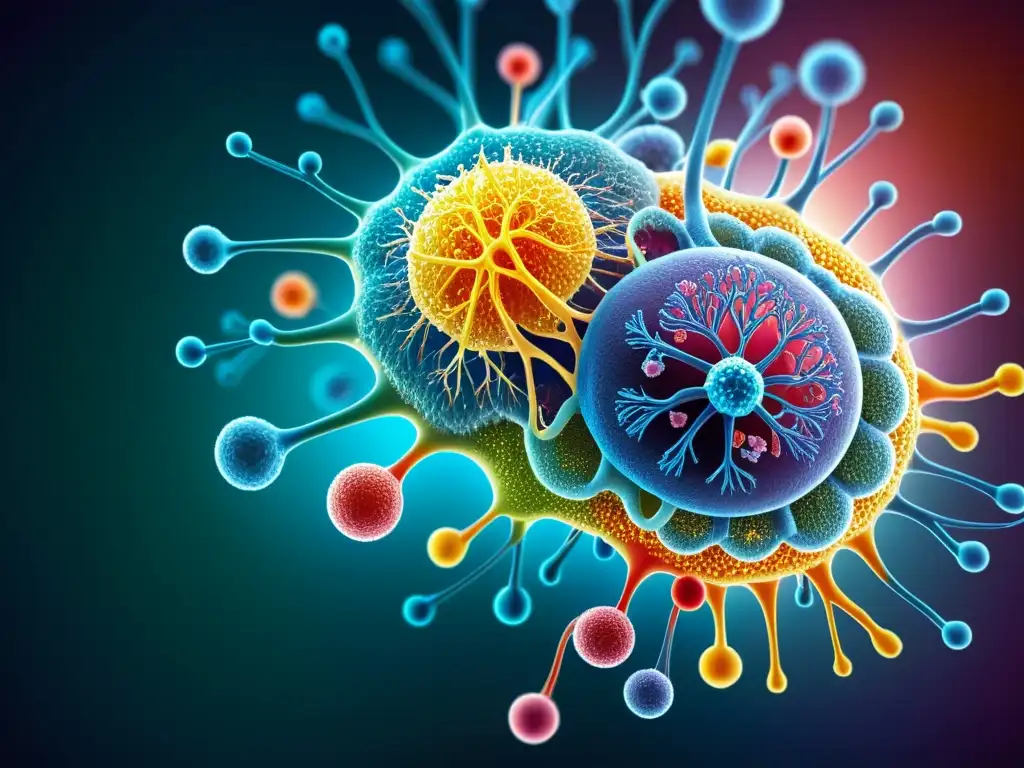 Intrincado sistema inmune en SFC Detalle de ilustración médica colorida que representa la compleja relación entre Síndrome de Fatiga Crónica y el sistema inmune humano