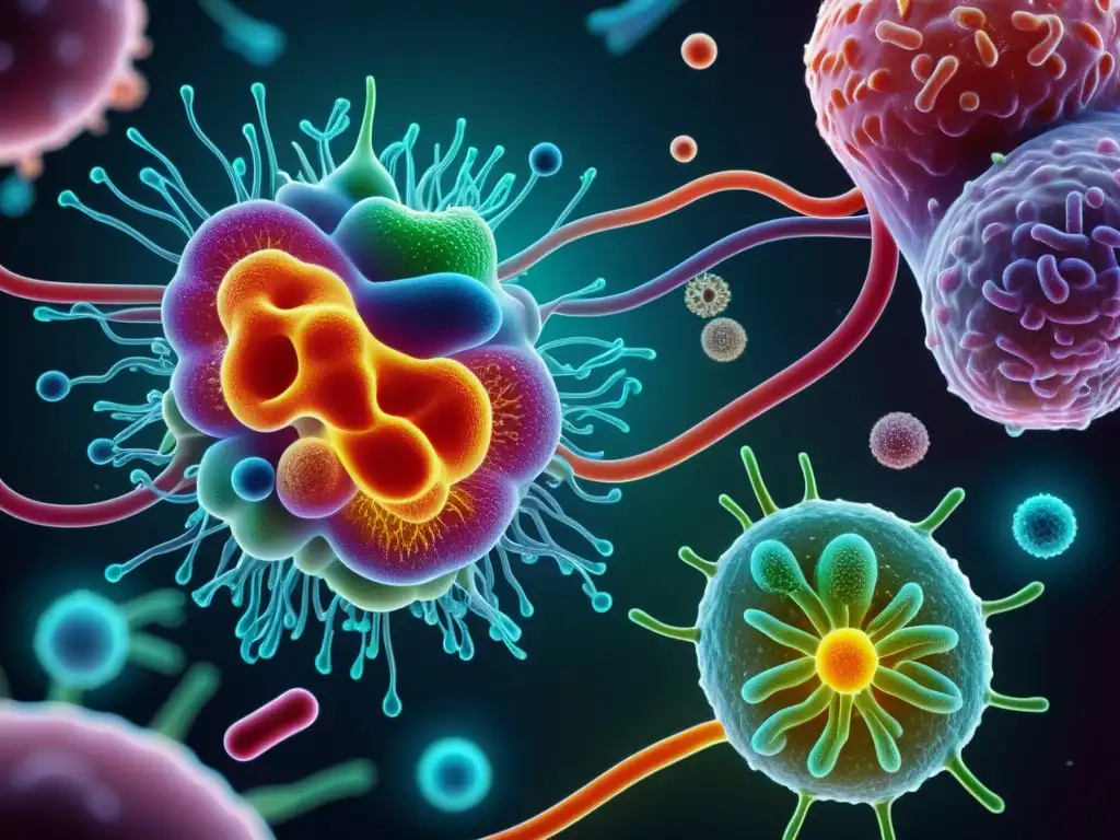 Detalle 8k de microbiota intestinal y enfermedades autoinmunes: red de microorganismos en intestino, diseño moderno y colores vibrantes
