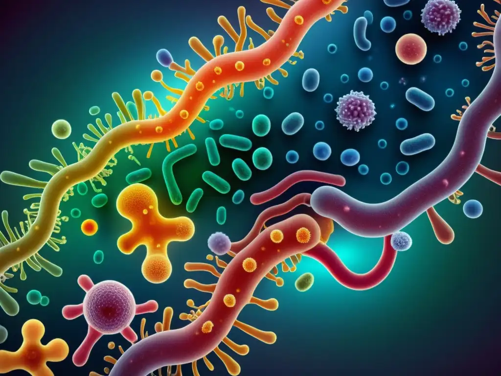 Detalle 8k de microbiota intestinal y enfermedades autoinmunes: red de bacterias, hongos y microorganismos en ilustración científica