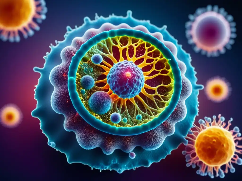 Interacción inmunológica: Implante wearable bajo microscopio Detalle microscópico de implantes wearables sistema inmunológico integrados con células inmunitarias en el cuerpo humano