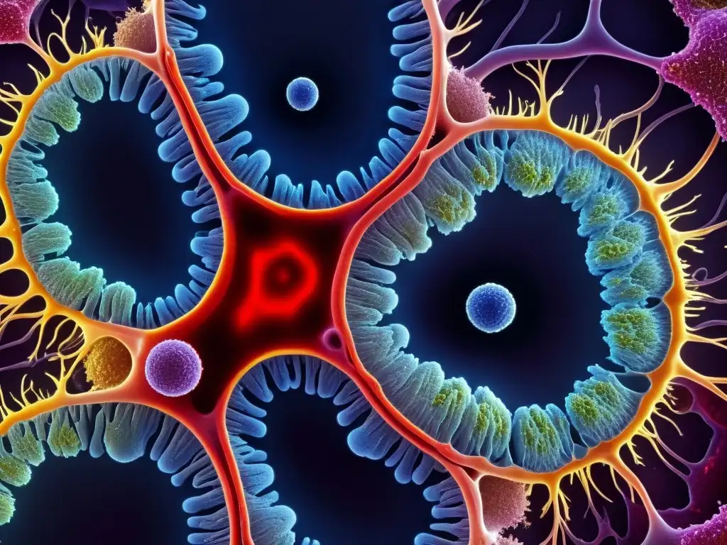 Microscopía de la piel humana: Barrera inmune y nerviosa Detalle microscópico de la piel humana, mostrando la red compleja de células inmunes, vasos sanguíneos y terminaciones nerviosas, resaltando el impacto de condiciones preexistentes en el sistema inmunológico
