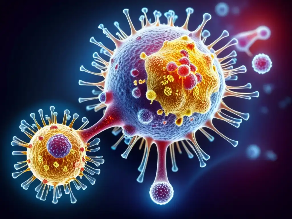 Detalle microscópico del sistema inmune luchando contra sobreesfuerzo físico, mostrando la complejidad científica del cuerpo humano