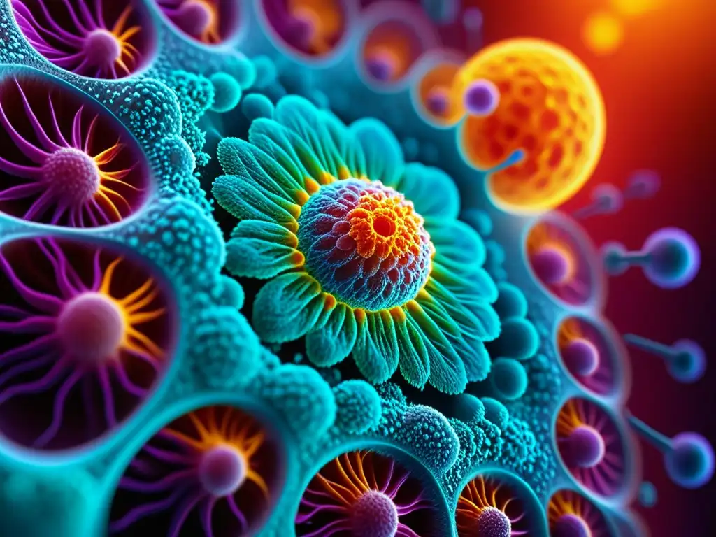 Microscopio de alta tecnología revela la belleza de las células inmunes Detalle de microscopio de alta tecnología capturando la importancia del sistema inmunológico humano en células vibrantes y coloridas