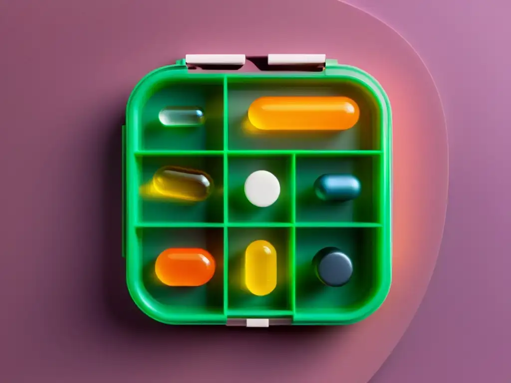 Organizador de pastillas de viaje: preparación saludable y minimalista Detalle de moderno organizador de pastillas de viaje con suplementos inmunitarios, transmitiendo preparación y salud