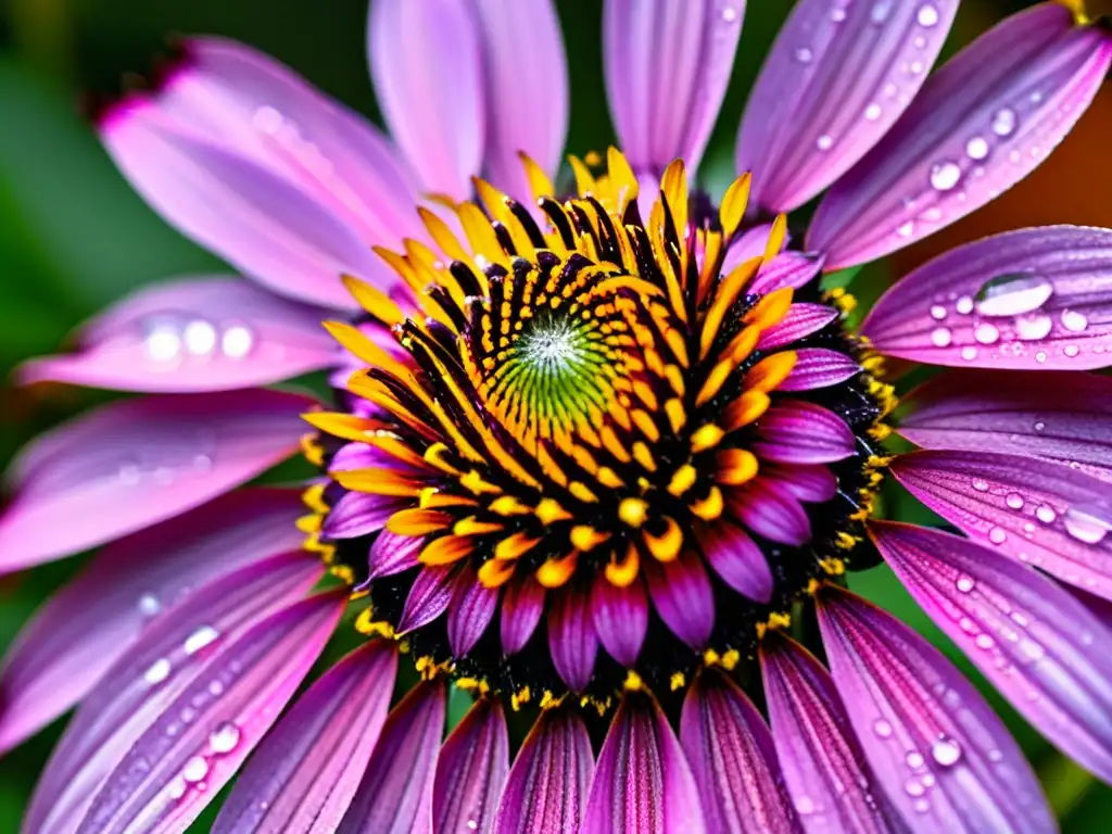 Echinacea purpurea: Detalles vibrantes y medicinales Detalle de equinácea morada con gotas de agua