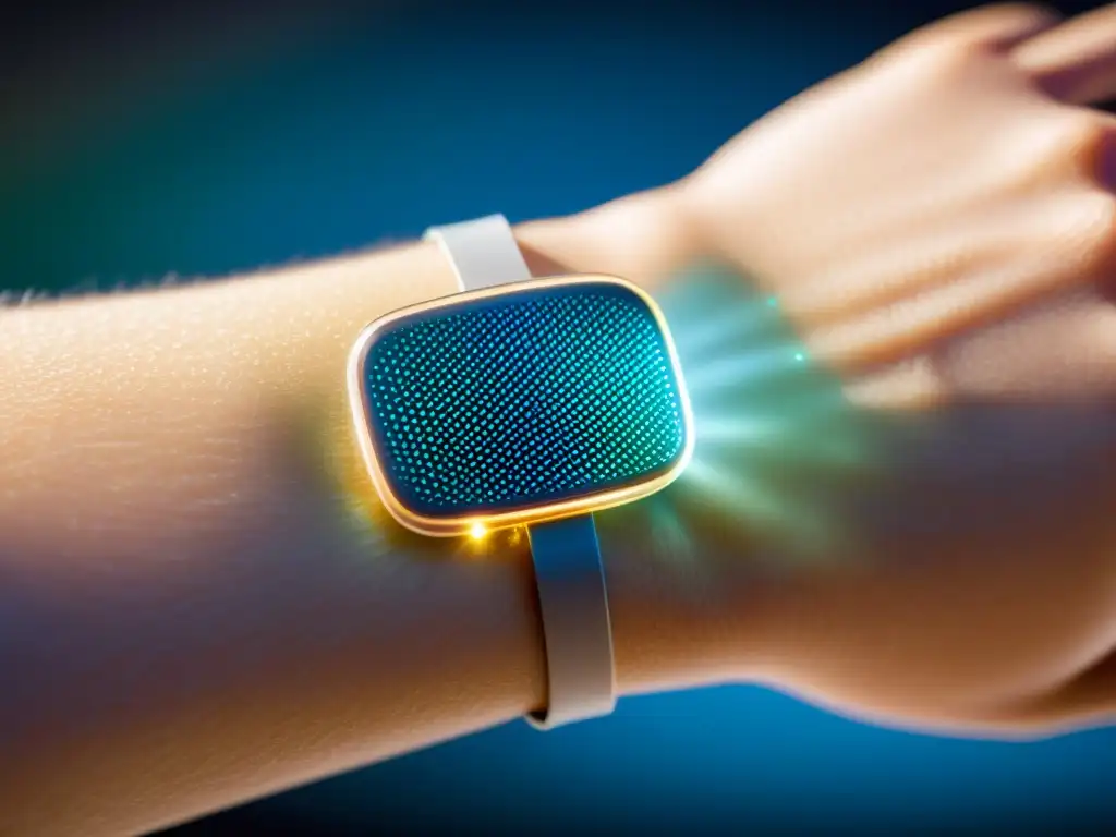 Nanotecnología brillante para monitorear la salud inmunitaria Detalle de nanotecnología para fortalecer sistema inmunológico integrada en la piel, con indicadores luminosos de salud y actividad del sistema inmune